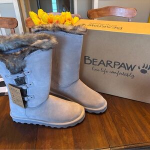 BearPaw Light Gray Suede Tall Boots with Faux Fur Cuff
